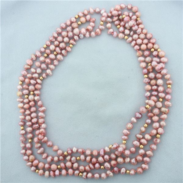 Baroque Pink Pearl and Gold Ball Bead Double Strand Necklace