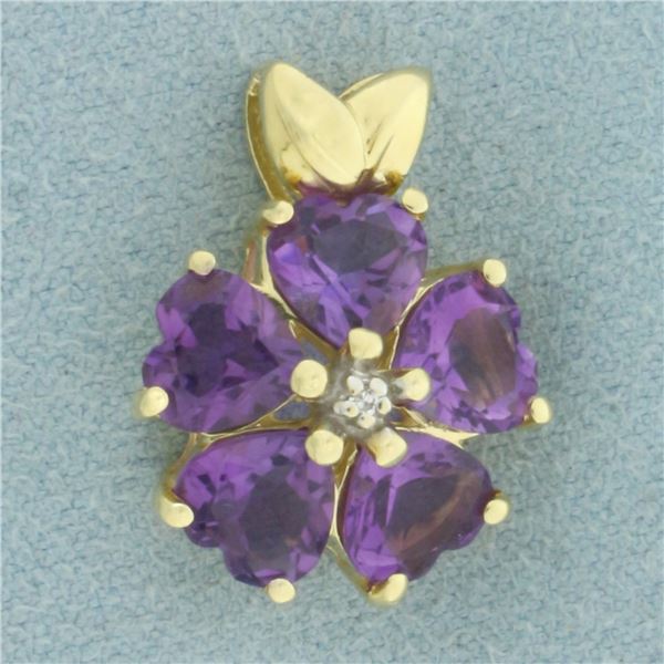 Heart Cut Amethyst and Diamond Clover Pendant in 14k Yellow Gold