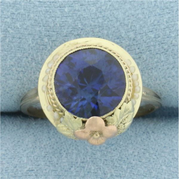 Vintage Lab Sapphire & Seed Pearl Ring in 10k Yellow and Rose Gold