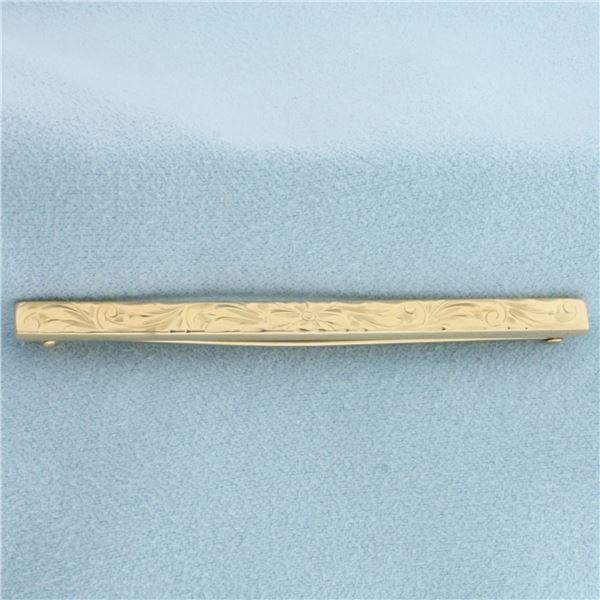 Vintage Floral Design Engraved Bar Pin in 10k Yellow Gold