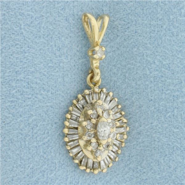 Baguette and Round Diamond Dangle Pendant in 14k Yellow Gold