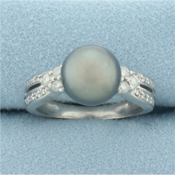 Tahitian Pearl and Diamond Ring in 14k White Gold