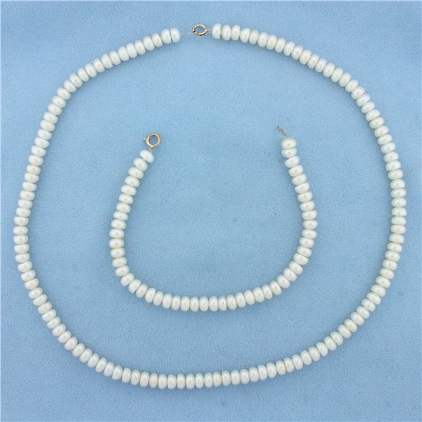 Freshwater Cultured Pearl Necklace and Bracelet Set in 10k Yellow Gold