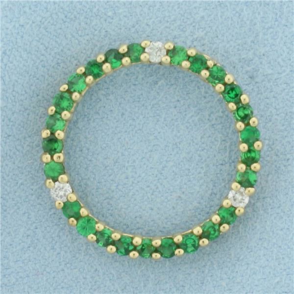 Green Garnet and Diamond Circle Pendant in 10k Yellow Gold