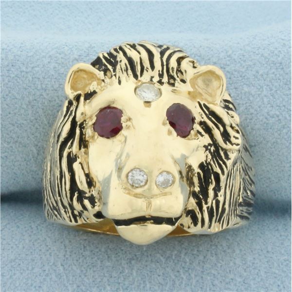 Mens Lion Ring with Ruby and Diamond in 14k Yellow Gold