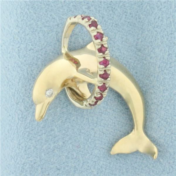 Ruby and Diamond Dolphin Pendant in 14k Yellow Gold