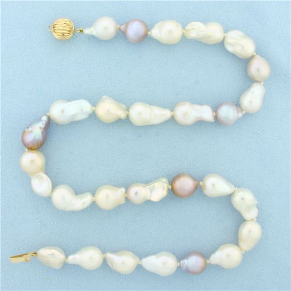 Baroque Multi Color Akoya Pearl Necklace in 14k Yellow Gold