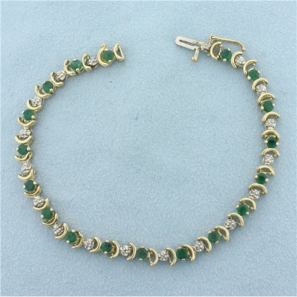 Emerald and Diamond Tennis Bracelet in 10K Yellow Gold