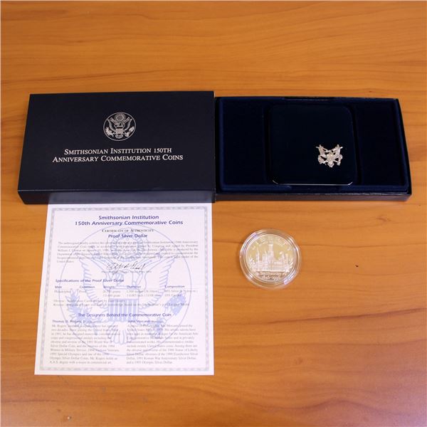 US Mint Smithsonian Institution 150th Anniversary Silver Dollar Proof Coin OGP