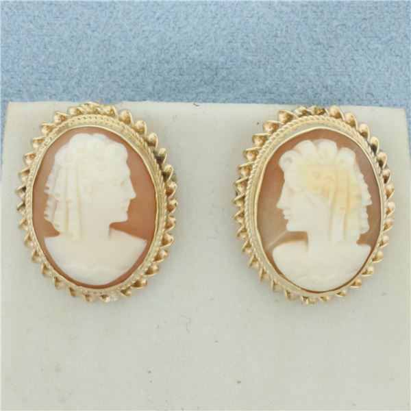 Vintage Shell Cameo Earrings in 14k Yellow Gold