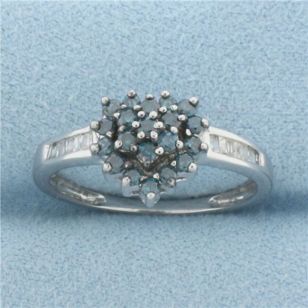 Blue and White Diamond Heart Ring in 10k White Gold