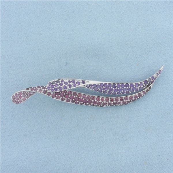 Morganite and Amethyst Pave Feather Leaf Brooch Pin in 10K White Gold