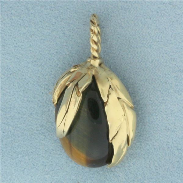 Tiger's Eye Leaf Design Pendant in 14K Yellow Gold