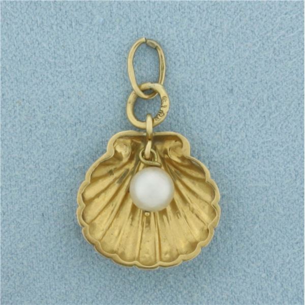 Clam Shell and Cultured Pearl Charm in 18k Yellow Gold