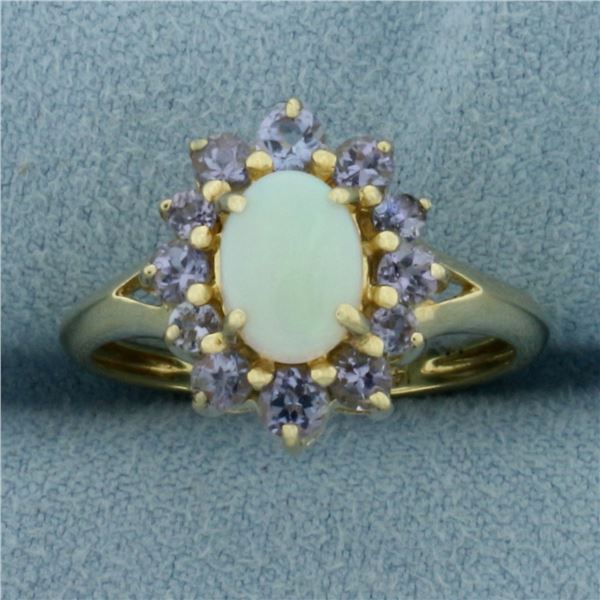 Opal and Tanzanite Halo Ring in 14K Yellow Gold