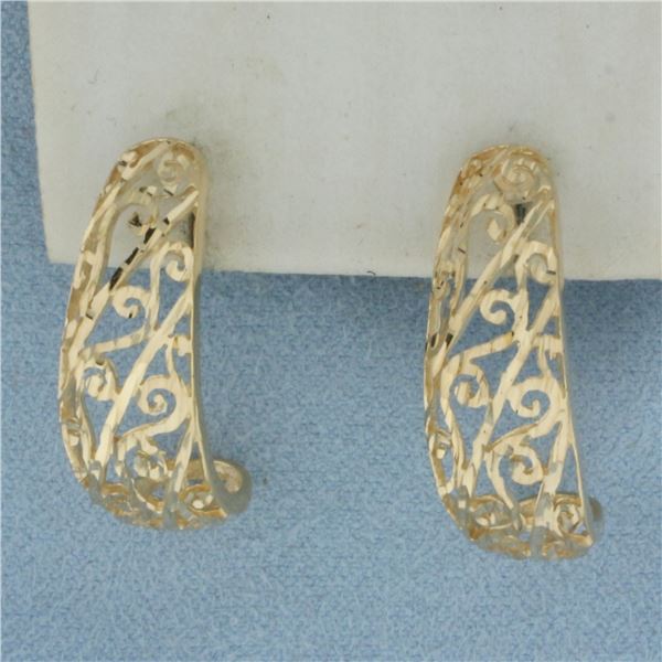 J Hoop Filigree Earrings in 14k Yellow Gold
