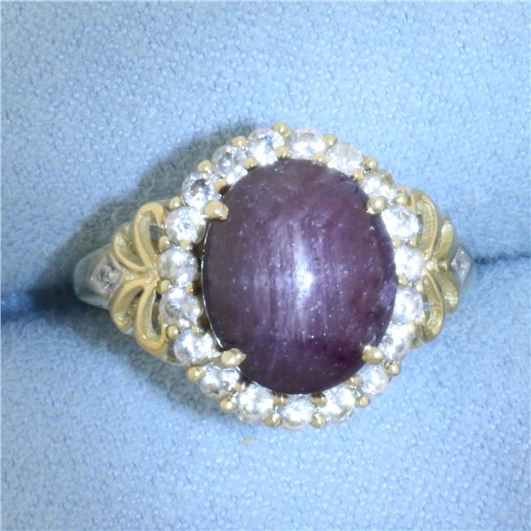 Natural Star Ruby and Diamond Halo Ring in 10k Yellow Gold