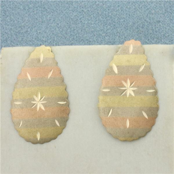 Matte Finish Tri-Color Teardrop Earrings in 14k Yellow, White, and Rose Gold