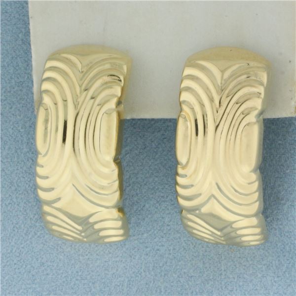 Designer Water Ripple Design J-Hoop Earrings in 14k Yellow Gold
