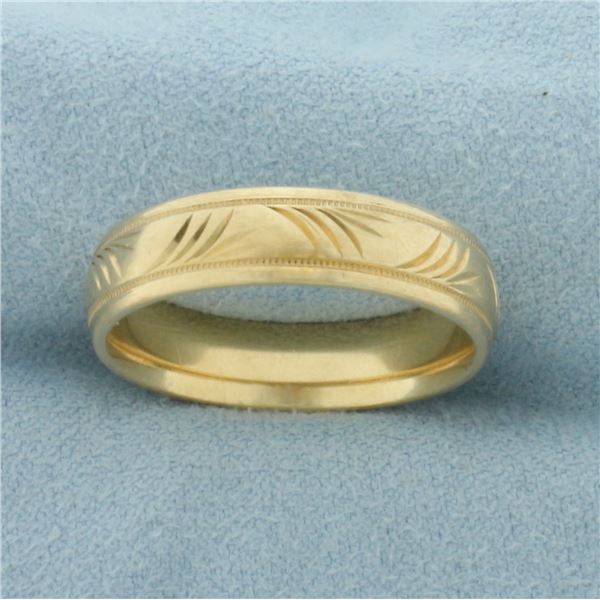Mens Beaded Edge Milgrain Etched Wedding Band Ring in 14k Yellow Gold