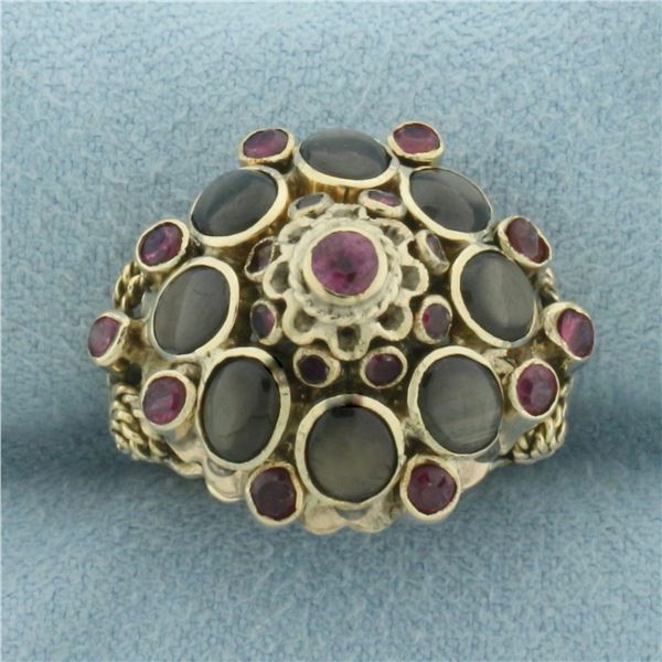 Ruby and Black Star Sapphire Thai Princess Ring in 14K Yellow Gold