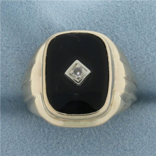 Mens Vintage Onyx And Diamond Signet Ring in 10K Yellow Gold