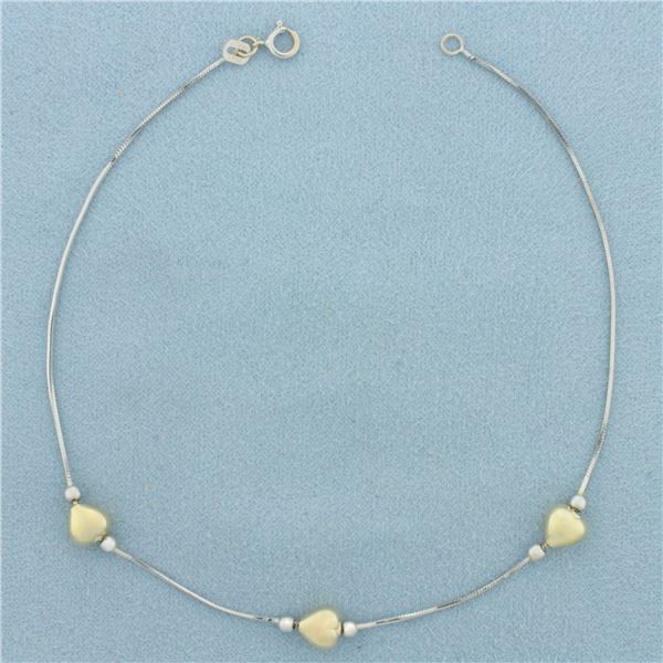 Heart and Ball Bead Anklet in 14k Yellow and White Gold