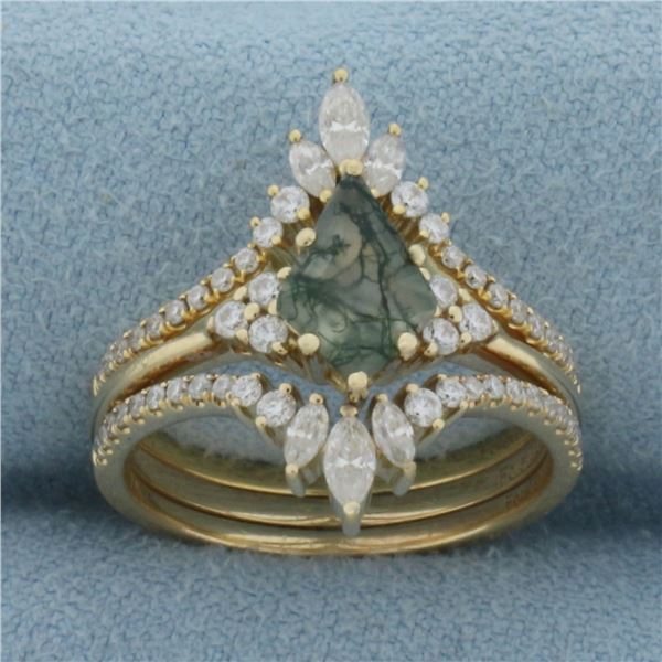Kite Shaped Moss Agate and Diamond Ring in 18k and 14k Yellow Gold