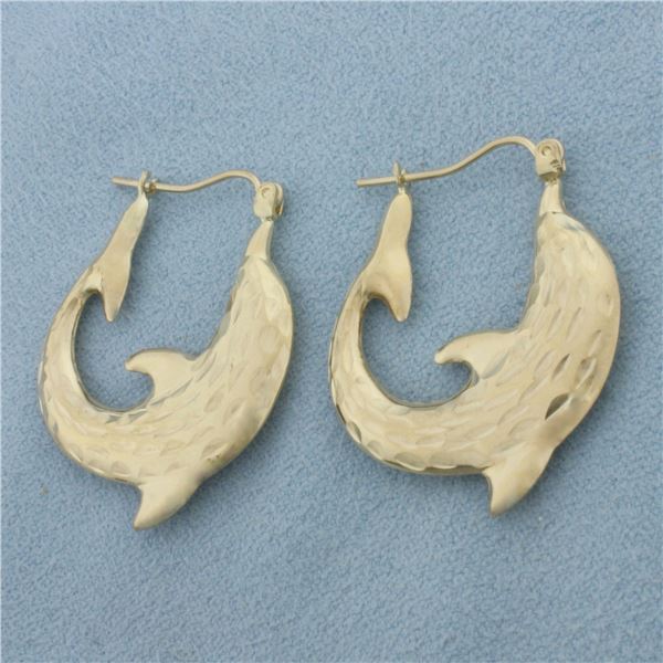 Diamond Cut Dolphin Hoop Earrings in 10k Yellow Gold