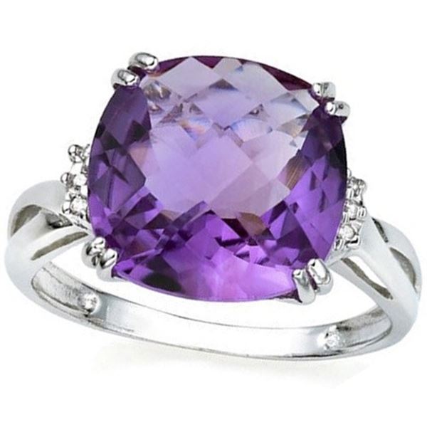 Cushion Cut Amethyst and Diamond Ring in Sterling Silver