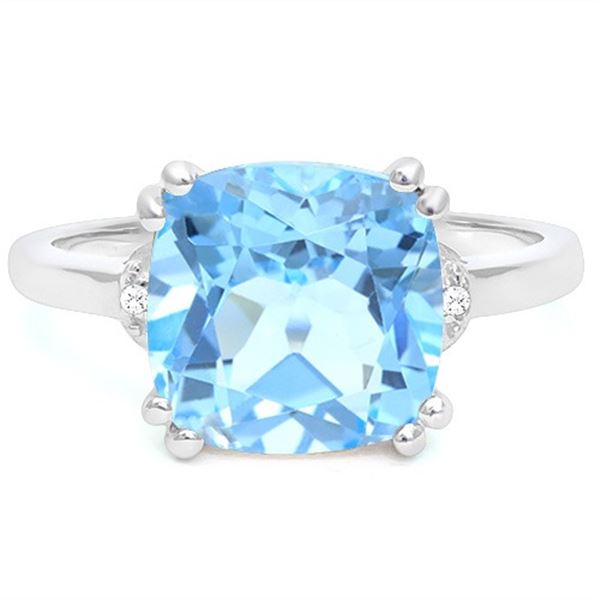 Cushion Cut Blue Topaz and Diamond Ring in Sterling Silver