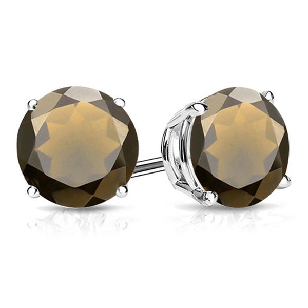 8MM Round Cut Smoky Quartz 3.8CTW Stud Earrings in Sterling Silver