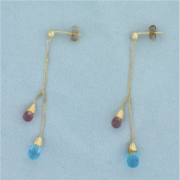 Amethyst and Blue Topaz Briolette Dangle Earrings in 10K Yellow Gold