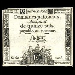 1792 France RARE 15 Sols Assignat Currency AU+ (CUR-05886)