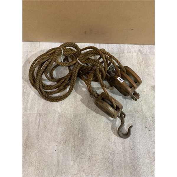 Antique Double Headed Pulley - With Rope