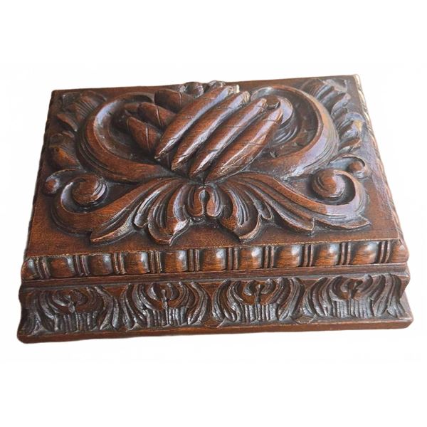 1800's Ornate Hand-Carved Wood Cigar Box