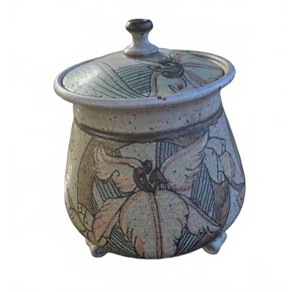 Lidded Stoneware Pot with Floral Motif, 11" H