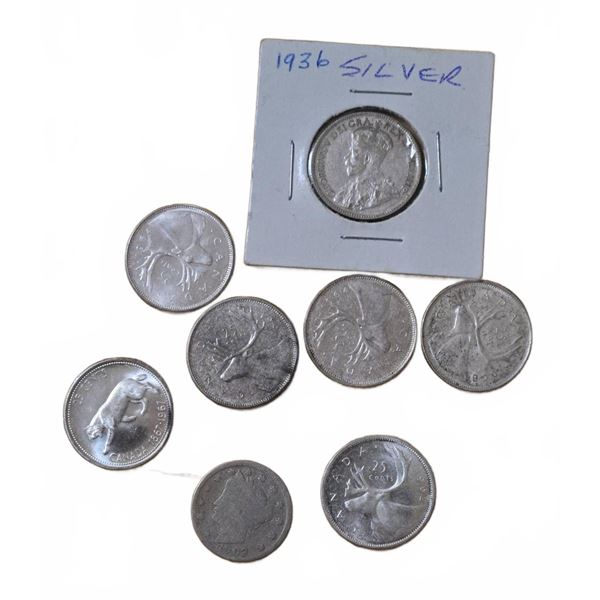 1936 Canada Silver Dollar, 7 Quarters