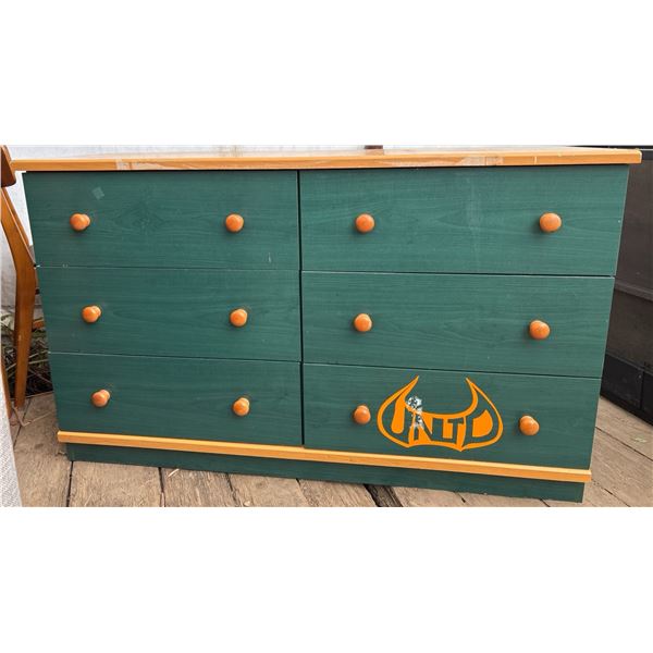 Green and Woodgrain Laminate 6-Drawer Dresser with Orange Knobs