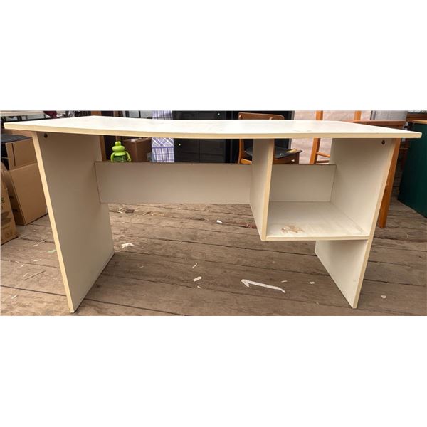 White Laminate Particleboard Desk with Central Shelf