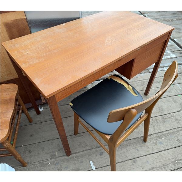 Wooden Desk with Two Drawers and Chair, 41" x 23" x 29" and Wooden Storage Footstool