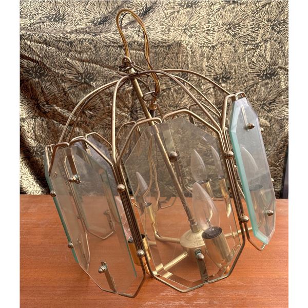 Brass and Glass Hanging Chandelier, 5-Light Fixture