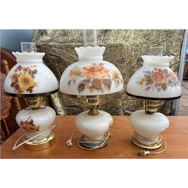 3 Milk Glass Floral Electric Hurricane Lamps