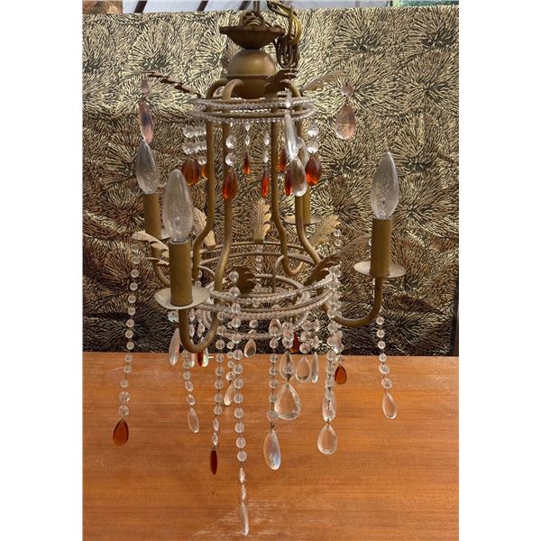 Hanging Brass-Coloured Chandelier With Crystal and Amber Drops