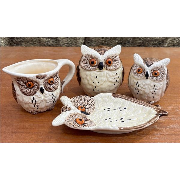 Enesco Japan Owl Ceramic Creamer, Sugar Bowl, Salt Shaker, and Tray Set