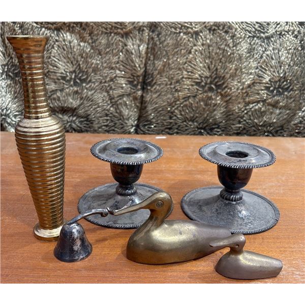 Metal Decor Lot with Candlestick Holders, Vase, Bell, and Duck Figures