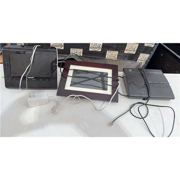 Electronics Assortment: Philips Clock Radio, Sylvania Digital Photo Frame, GE Answering System