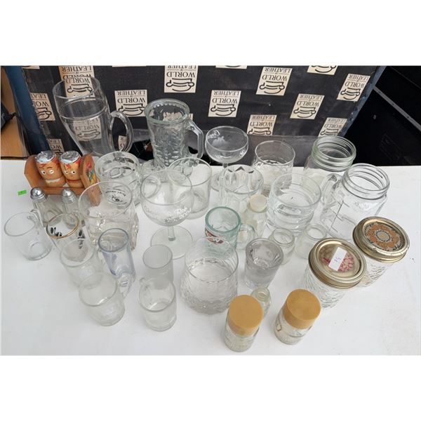 Glassware, Salt and Pepper Shakers, Miniature Mugs, and Decanter Lot
