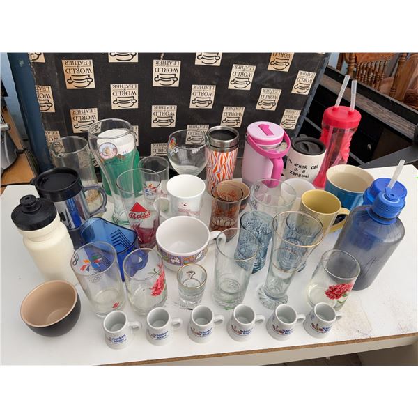 Drinkware Lot Featuring Glasses, Thermos, Mugs, Water Bottles