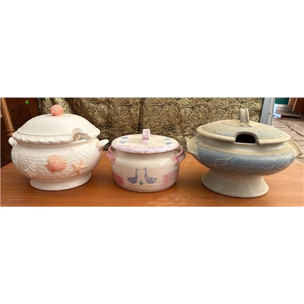 Three Ceramic Soup Tureens Including Sea Catch Japan with Ladle